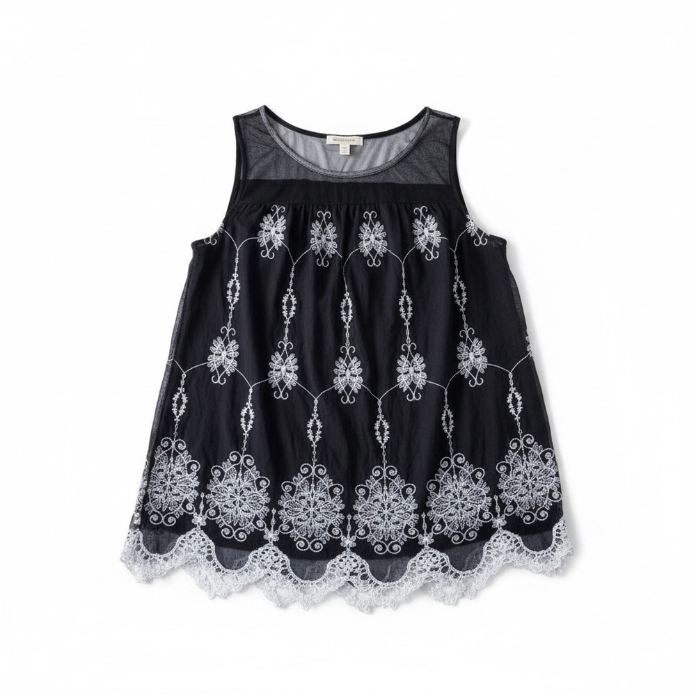 Lavish‎ Black Embroidered Mesh Overlay Tank Top Size Small Sheer Lace Trim